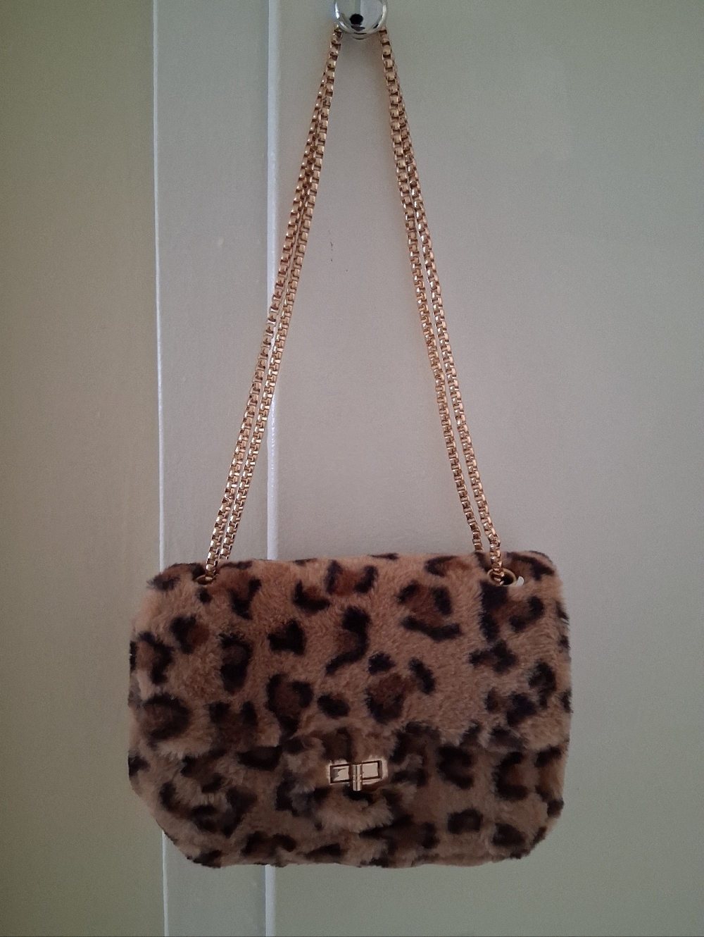 Source Unknown Leopard Print Faux Fur Chain Crossbody - Brown, Black, Gold